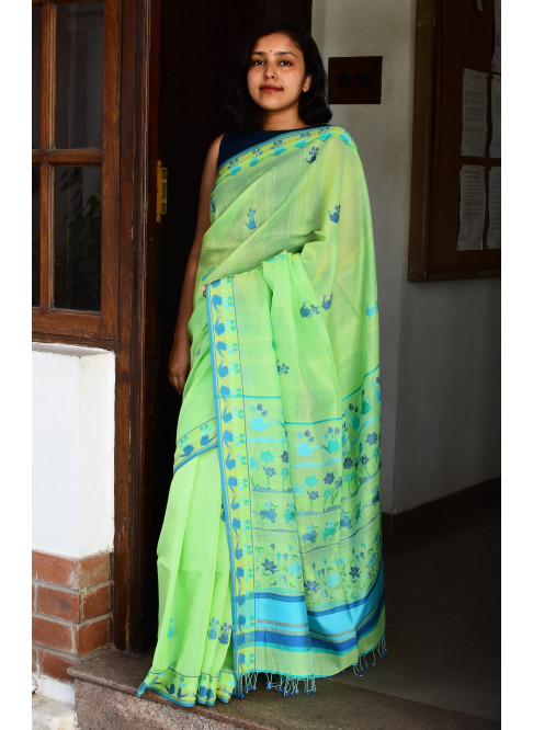 Parrot Green, Handwoven Organic Cotton, Textured Weave , Jacquard, Work Wear , Butta Saree